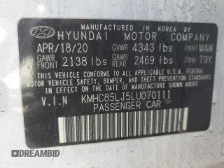2020 Hyundai Ioniq Limited с VIN KMHC85LJ5LU070111, выставлен на аукционе Copart как лот 89079385 с пробегом Не указан миль и Списание • Salvage title. История ставок и продаж доступна на DreamBid. Изображение 13.