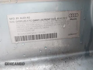 2004 Audi A4 1.8T z VIN WAULC68EX4A110705, wystawiony jako IAAI lot #42466648 z przebiegiem 163 799 mil mil oraz . Historia ofert i sprzedaży dostępna na DreamBid. Obrazek 9.