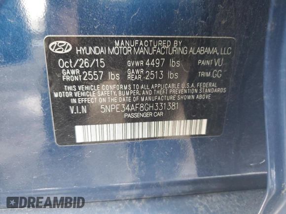 2016 Hyundai Sonata Sport with VIN 5NPE34AF8GH331381, listed as a Copart auction lot 48111485 with Not Provided miles and Salvage Title. Bid and sale history available at DreamBid. Image 13.