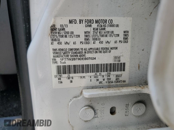 2013 Ford F-250 XL with VIN 1FT7W2BT9DEB07024, listed as a Copart auction lot 58699135 with 91,159 mi miles and Salvage title. Bid and sale history available at DreamBid. Image 13.