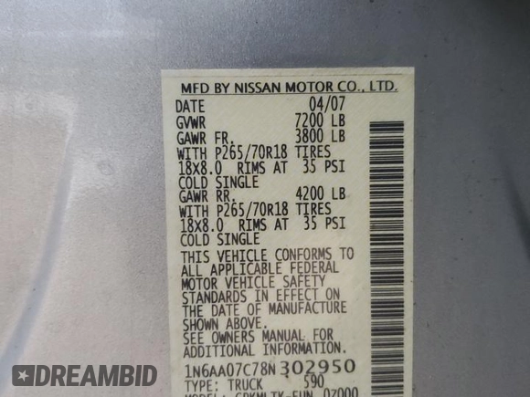 2008 Nissan Titan XE with VIN 1N6AA07C78N302950, listed as a Copart auction lot 87403004 with 180,904 mi miles and Salvage title. Bid and sale history available at DreamBid. Image 12.