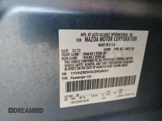 2012 Mazda 6 i Touring with VIN 1YVHZ8DH3C5M36091, listed as a Copart auction lot 53883465 with 153,897 mi miles and Salvage Title. Bid and sale history available at DreamBid. Image 13.