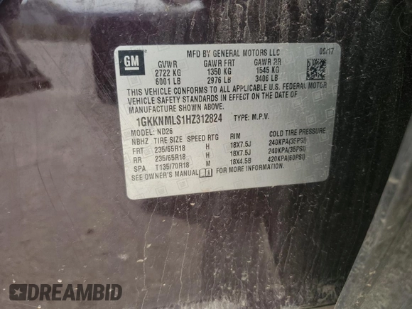 2017 GMC Acadia SLT with VIN 1GKKNMLS1HZ312824, listed as a Copart auction lot 53064085 with 122,772 mi miles and Salvage title. Bid and sale history available at DreamBid. Image 15.