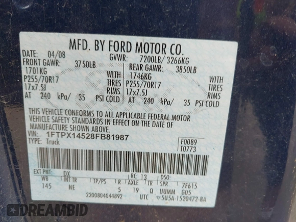 2008 Ford F-150 XLT z VIN 1FTPX14528FB81987, wystawiony jako IAAI lot #42527697 z przebiegiem 162 706 mil mil oraz . Historia ofert i sprzedaży dostępna na DreamBid. Obrazek 9.