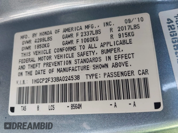 2011 Honda Accord LX z VIN 1HGCP2F33BA024538, wystawiony jako IAAI lot #42267599 z przebiegiem 142 787 mil mil oraz . Historia ofert i sprzedaży dostępna na DreamBid. Obrazek 9.