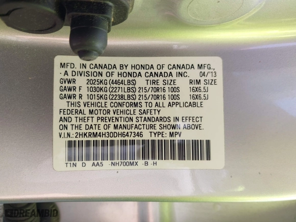 2013 Honda CR-V LX with VIN 2HKRM4H30DH647346, listed as a IAAI auction lot 42082896 with 71,256 mi miles. Bid and sale history available at carsss.com. Image 9.