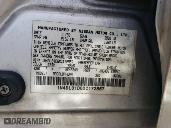 1999 Nissan Altima XE with VIN 1N4DL01D6XC172557, listed as a Copart auction lot 44459405 with 378,311 mi miles and Salvage Title. Bid and sale history available at carsss.com. Image 12.