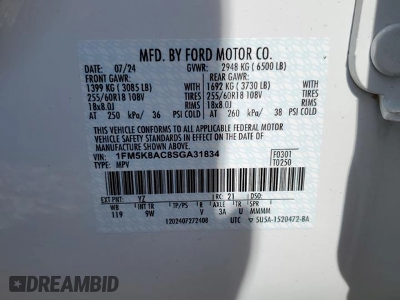 2025 Ford Explorer with VIN 1FM5K8AC8SGA31834, listed as a Copart auction lot 55948345 with 56 mi miles and Salvage title. Bid and sale history available at DreamBid. Image 14.