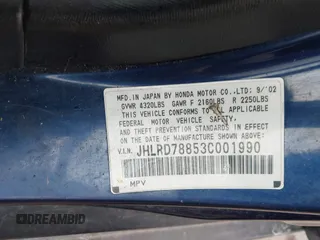 2003 Honda CR-V EX with VIN JHLRD78853C001990, listed as a IAAI auction lot 42151771 with 306,724 mi miles and . Bid and sale history available at carsss.com. Image 9.