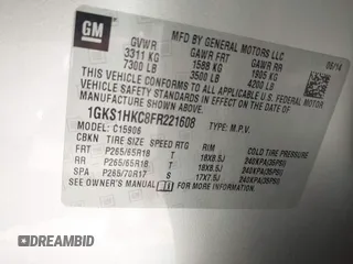 2015 GMC Yukon XL SLT with VIN 1GKS1HKC8FR221608, listed as a IAAI auction lot 42044318 with 215,757 mi miles. Bid and sale history available at carsss.com. Image 9.