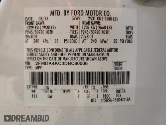 2013 Ford Edge Limited with VIN 2FMDK4KC3DBC80006, listed as a Copart auction lot 47357695 with 142,767 mi miles and Salvage Title. Bid and sale history available at carsss.com. Image 13.