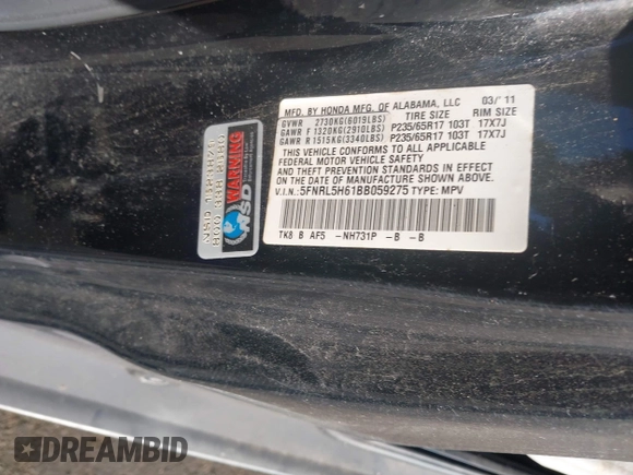 2011 Honda Odyssey EX-L with VIN 5FNRL5H61BB059275, listed as a IAAI auction lot 41293690 with 105,511 mi miles and . Bid and sale history available at carsss.com. Image 9.