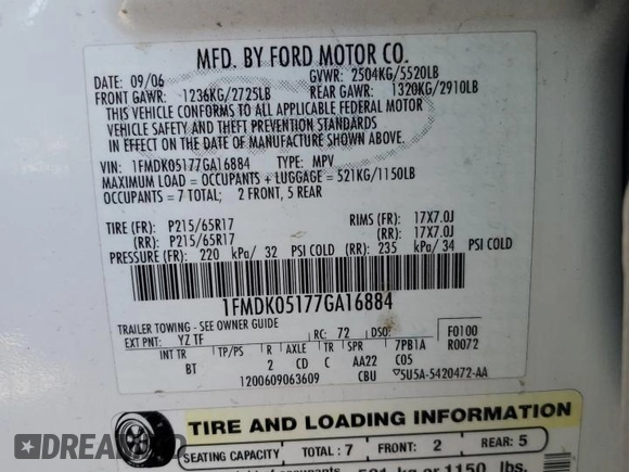 2007 Ford Freestyle SEL with VIN 1FMDK05177GA16884, listed as a Copart auction lot 71770444 with 219,112 mi miles and Clean title. Bid and sale history available at DreamBid. Image 12.
