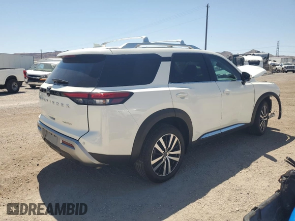 2023 Nissan Pathfinder Platinum with VIN 5N1DR3DH9PC211372, listed as a Copart auction lot 58107804 with 10,215 mi miles and Salvage title. Bid and sale history available at DreamBid. Image 3.