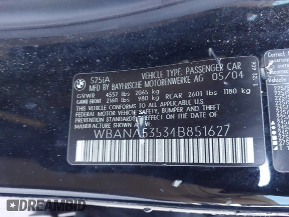 2004 BMW 5 Series 525i with VIN WBANA53534B851627, listed as a IAAI auction lot 41609092 with 139,192 mi miles. Bid and sale history available at carsss.com. Image 9.