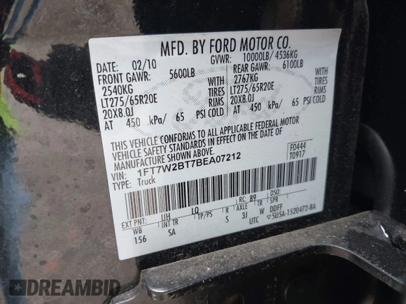 2011 Ford F-250 XL with VIN 1FT7W2BT7BEA07212, listed as a IAAI auction lot 42173034 with 267,708 mi miles and . Bid and sale history available at DreamBid. Image 9.