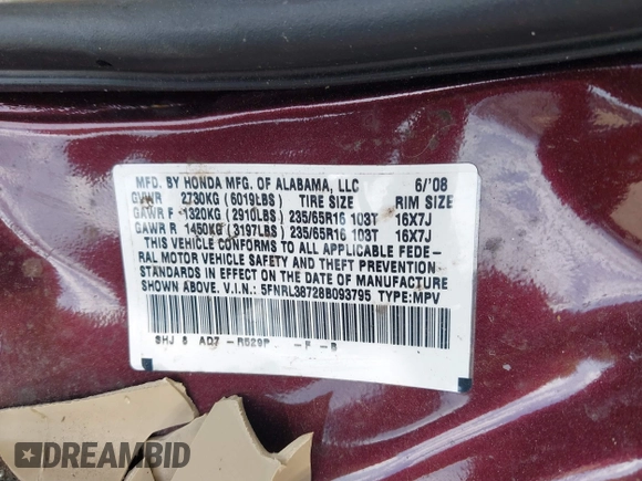 2008 Honda Odyssey EX-L with VIN 5FNRL38728B093795, listed as a IAAI auction lot 41798829 with 1 mi miles. Bid and sale history available at carsss.com. Image 9.