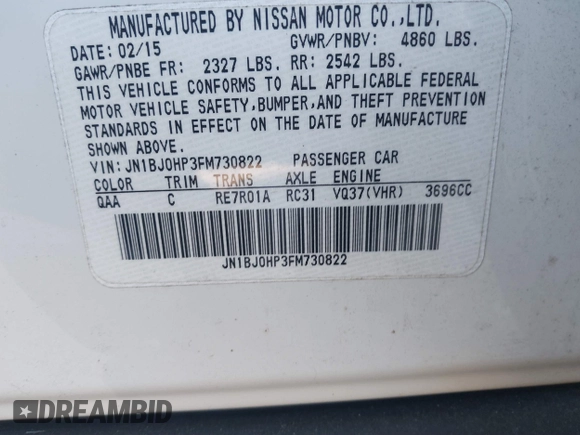 2015 Infiniti QX50 Journey with VIN JN1BJ0HP3FM730822, listed as a IAAI auction lot 41590976 with 70,941 mi miles. Bid and sale history available at carsss.com. Image 9.
