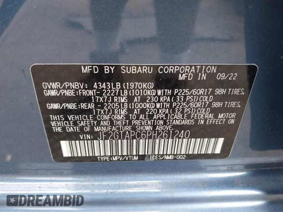 2023 Subaru Crosstrek Premium with VIN JF2GTAPC6PH261240, listed as a IAAI auction lot 42413222 with 37,416 mi miles and . Bid and sale history available at DreamBid. Image 9.