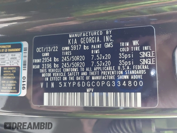 2023 Kia Telluride S with VIN 5XYP6DGC0PG334800, listed as a IAAI auction lot 42078611 with 27,486 mi miles and . Bid and sale history available at DreamBid. Image 9.