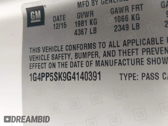 2016 Buick Verano with VIN 1G4PP5SK9G4140391, listed as a IAAI auction lot 42119408 with 157,340 mi miles and . Bid and sale history available at DreamBid. Image 9.