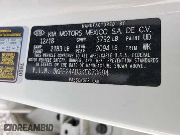 2019 Kia Forte LXS with VIN 3KPF24AD5KE073694, listed as a Copart auction lot 50528565 with 100,234 mi miles and Salvage Title. Bid and sale history available at carsss.com. Image 13.