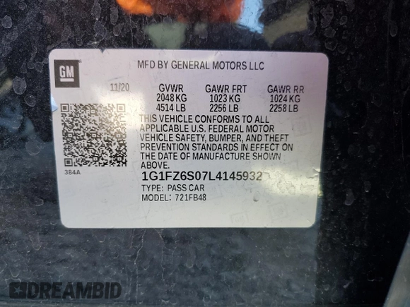 2020 Chevrolet Bolt EV Premier with VIN 1G1FZ6S07L4145932, listed as a Copart auction lot 69893722 with 18,160 mi miles. Bid and sale history available at carsss.com. Image 13.