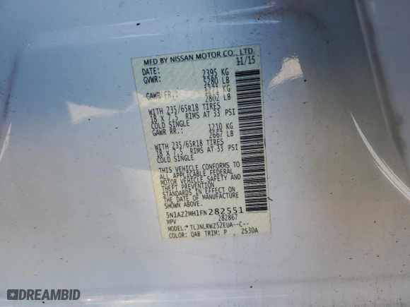 2015 Nissan Murano SV with VIN 5N1AZ2MH1FN282551, listed as a Copart auction lot 87389174 with 100,658 mi miles and Salvage Title. Bid and sale history available at carsss.com. Image 13.