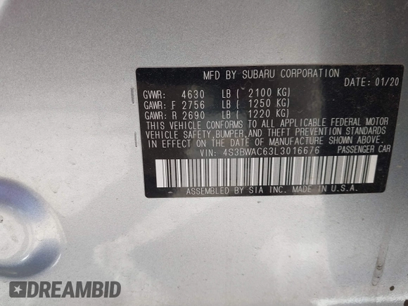 2020 Subaru Legacy Premium with VIN 4S3BWAC63L3016676, listed as a IAAI auction lot 41901385 with 68,610 mi miles and . Bid and sale history available at DreamBid. Image 9.