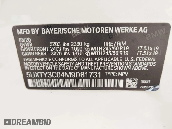 2021 BMW X3 sDrive30i with VIN 5UXTY3C04M9D81731, listed as a IAAI auction lot 41921255 with 81,047 mi miles and . Bid and sale history available at DreamBid. Image 9.