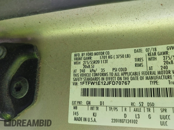 2018 Ford F-150 XL with VIN 1FTFW1E12JFD70767, listed as a IAAI auction lot 42569847 with 206,918 mi miles and . Bid and sale history available at DreamBid. Image 9.