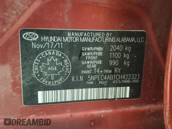 2012 Hyundai Sonata Limited z VIN 5NPEC4AB1CH422323, wystawiony jako Copart lot #58987175 z przebiegiem Nie podano mil oraz Nie do naprawy • Non repairable. Historia ofert i sprzedaży dostępna na DreamBid. Obrazek 12.