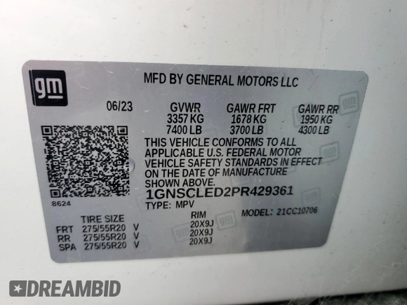 2023 Chevrolet Tahoe Commercial with VIN 1GNSCLED2PR429361, listed as a Copart auction lot 54064925 with 33,475 mi miles and Salvage title. Bid and sale history available at DreamBid. Image 13.