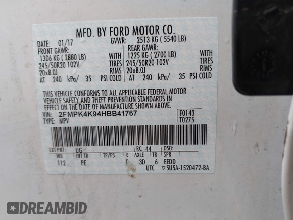 2017 Ford Edge Titanium with VIN 2FMPK4K94HBB41767, listed as a IAAI auction lot 42101946 with 76,984 mi miles. Bid and sale history available at carsss.com. Image 9.