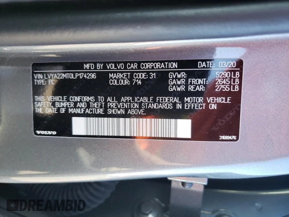 2020 Volvo S90 R-Design with VIN LVYA22MT0LP174296, listed as a Copart auction lot 71896424 with 43,633 mi miles and Salvage Title. Bid and sale history available at carsss.com. Image 13.