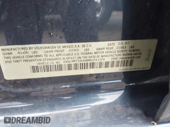 2008 Volkswagen Jetta S z VIN 3VWJM71K68M071159, wystawiony jako IAAI lot #42268102 z przebiegiem 159 231 mil mil oraz . Historia ofert i sprzedaży dostępna na DreamBid. Obrazek 9.