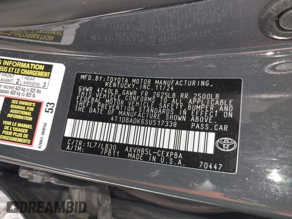 2025 Toyota Camry LE с VIN 4T1DBADK6SU517338, выставлен на аукционе IAAI как лот 42006121 с пробегом 13 200 миль миль и . История ставок и продаж доступна на DreamBid. Изображение 9.