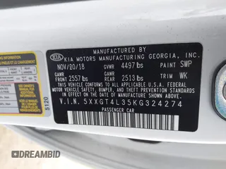 2019 Kia Optima LX with VIN 5XXGT4L35KG324274, listed as a IAAI auction lot 42111177 with 126,494 mi miles. Bid and sale history available at carsss.com. Image 9.