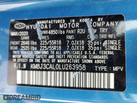 2020 Hyundai Tucson Sport with VIN KM8J3CAL0LU263958, listed as a Copart auction lot 48581035 with 30,678 mi miles and Salvage title. Bid and sale history available at DreamBid. Image 13.