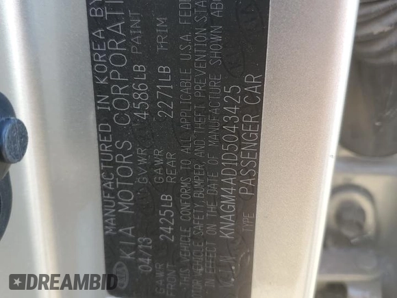 2013 Kia Optima LX with VIN KNAGM4AD1D5043425, listed as a Copart auction lot 77598514 with 123,667 mi miles and Clean Title. Bid and sale history available at DreamBid. Image 12.