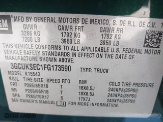 2015 Chevrolet Silverado 1500 LTZ with VIN 3GCUKSEC1FG173590, listed as a IAAI auction lot 41700436 with 117,102 mi miles. Bid and sale history available at carsss.com. Image 9.
