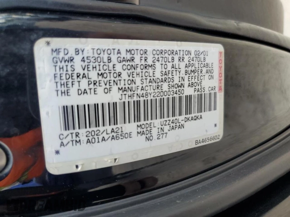 2002 Lexus SC 430 z VIN JTHFN48Y220003450, wystawiony jako Copart lot #72536324 z przebiegiem 114 009 mil mil oraz Nie do naprawy • Non repairable. Historia ofert i sprzedaży dostępna na DreamBid. Obrazek 12.