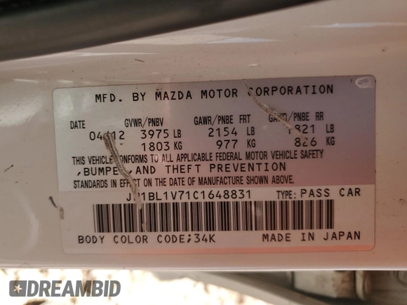 2012 Mazda 3 i Touring with VIN JM1BL1V71C1648831, listed as a Copart auction lot 54209205 with 153,182 mi miles and Salvage Title. Bid and sale history available at DreamBid. Image 12.