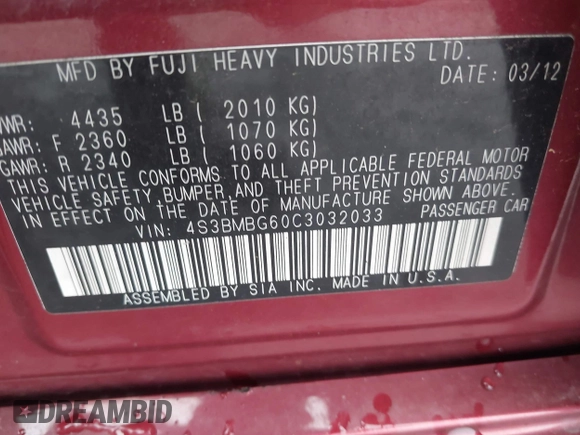 2012 Subaru Legacy Premium with VIN 4S3BMBG60C3032033, listed as a IAAI auction lot 42613044 with 208,087 mi miles and . Bid and sale history available at DreamBid. Image 9.