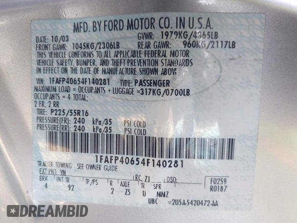 2004 Ford Mustang Standard with VIN 1FAFP40654F140281, listed as a IAAI auction lot 42732286 with 145,723 mi miles and . Bid and sale history available at DreamBid. Image 9.