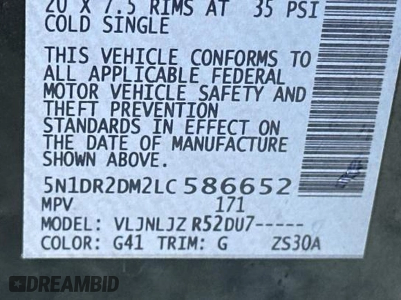 2020 Nissan Pathfinder Platinum with VIN 5N1DR2DM2LC586652, listed as a Copart auction lot 45931825 with 109,954 mi miles and Clean Title. Bid and sale history available at carsss.com. Image 10.