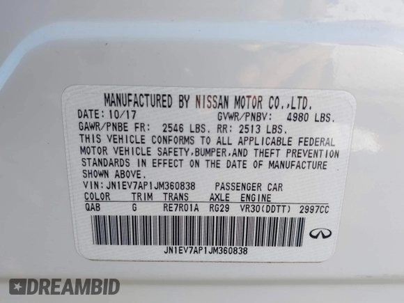 2018 Infiniti Q50 Luxe with VIN JN1EV7AP1JM360838, listed as a IAAI auction lot 40858291 with Not Provided miles and . Bid and sale history available at carsss.com. Image 9.