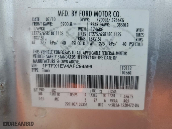 2010 Ford F-150 XL with VIN 1FTFX1EV4AFC94596, listed as a Copart auction lot 46139605 with 149,234 mi miles and Clean Title. Bid and sale history available at carsss.com. Image 12.
