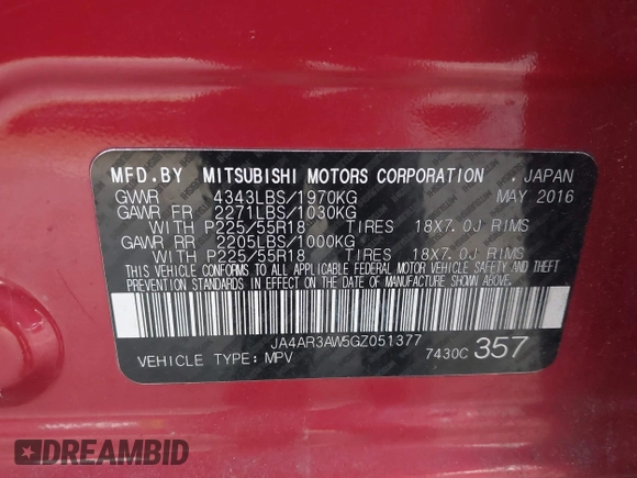 2016 Mitsubishi Outlander ES with VIN JA4AR3AW5GZ051377, listed as a IAAI auction lot 41536624 with 95,962 mi miles and . Bid and sale history available at DreamBid. Image 9.