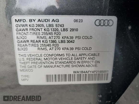 2023 Audi SQ5 Premium Plus with VIN WA1B4AFY4P2165851, listed as a Copart auction lot 50866934 with 20,514 mi miles and . Bid and sale history available at DreamBid. Image 14.